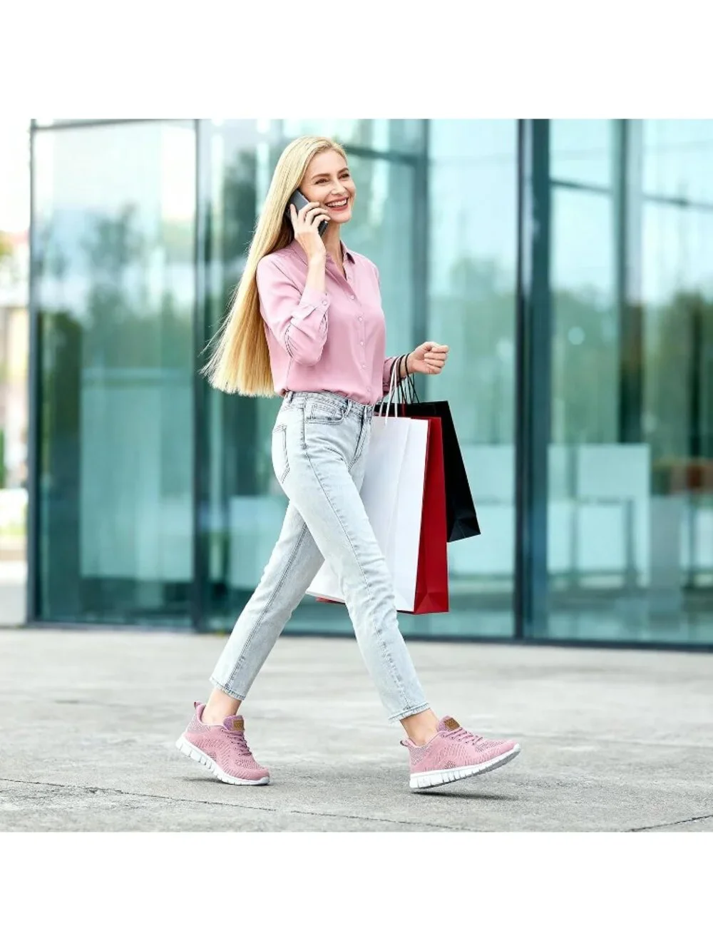 Women's Pink Lightweight Non Slip Comfortable Breathable Pull On Sneakers